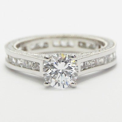E93986-Channel Set Princess Cuts Hand Engraved Eternity Diamond Ring 14k White Gold