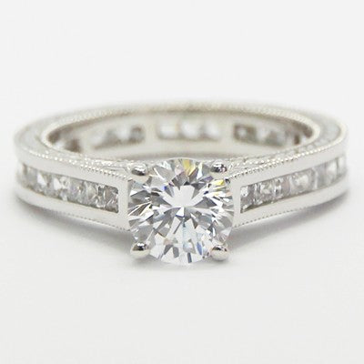 Channel Set Princess Cuts Hand Engraved Eternity Diamond Ring 14k White Gold