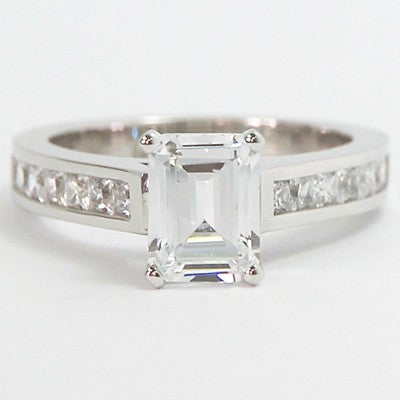 E94022-Channel Setting Emerald Cut Diamond Ring 14k White Gold