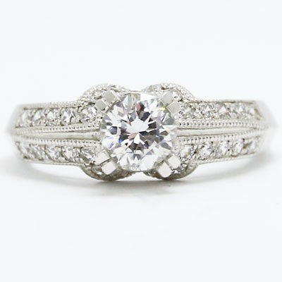 E93319 Milgrained Knife Edge Vintage Diamond Engagement Ring 14k White Gold