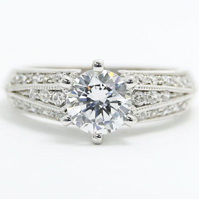 E93320 Three Side Diamonds And Milgrain Edges Engagement Ring 14k White Gold.jpg