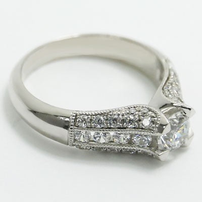 E93356 Three Side Pave Diamonds Engagement Ring 14k White Gold