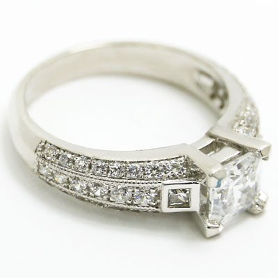E93517-1 Princess Cut Diamond Accent Engagement Ring 14k White Gold