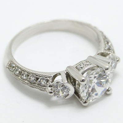 E93519 Vintage Three Stone Milgrained Diamond Engagement Ring 14k White Gold