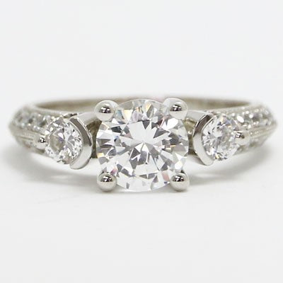 E93519 Vintage Three Stone Milgrained Diamond Engagement Ring 14k White Gold