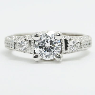 E93525 Venetian Style Pave Diamond Engagement Ring 14k White Gold