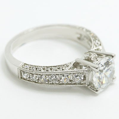 E93527 Milgrain Edges And Accent Diamond Engagement Ring 14k White Gold