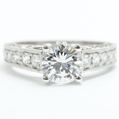 E93527 Milgrain Edges And Accent Diamond Engagement Ring 14k White Gold