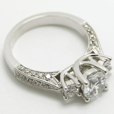 E93528 Three Stone Venetian Style Engagement Ring 14k White Gold