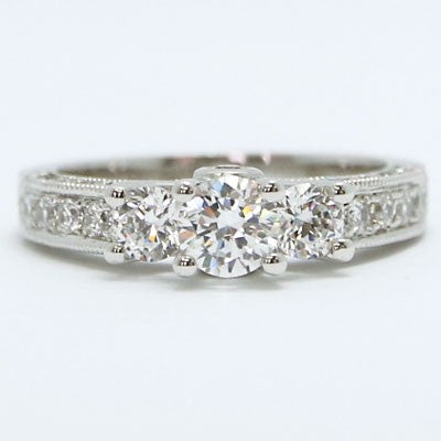 E93569 Vintage Three Stone Diamond Engagement Ring 14k White Gold