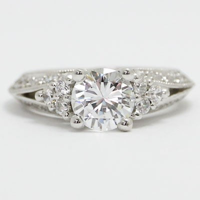 E93571 Vintage Knife Edge Milgrained Diamond Engagement Ring 14k White Gold