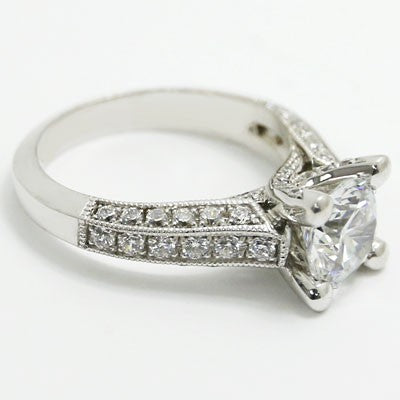 E93574 Milgrained Edges and Diamonds Claw Accent Engagement Ring 14k White Gold