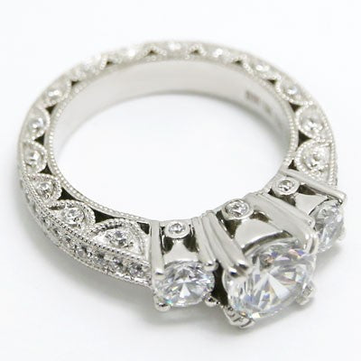 E93587 Venetian Three Stone Diamond Engagement Ring 14k White Gold