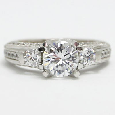 E93620 Three Stone Vintage Diamond Engagement Ring 14k White Gold