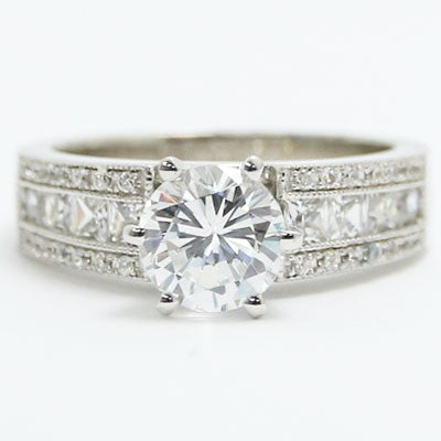 E93629 Mix of Princess and Round Cut Diamonds Engagement Ring 14k White Gold