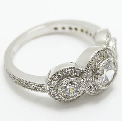 E93633-1 Three Stone Halo Top Milgrain Diamond Engagement Ring 14k White Gold