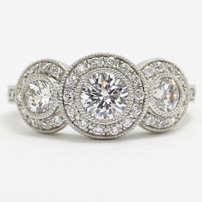 E93633-1 Three Stone Halo Top Milgrain Diamond Engagement Ring 14k White Gold