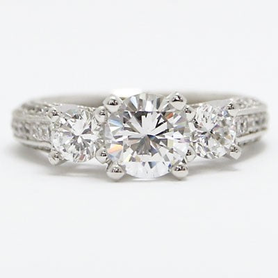 E93656 Vintage Three Stone Diamond Engagement Ring 14k White Gold