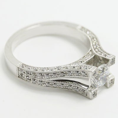 E93678 Split Band Pave Diamonds Engagement Ring 14k White Gold