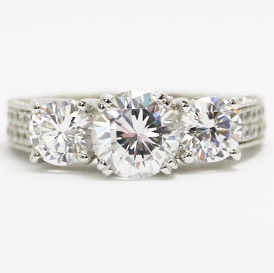 E93692 Venetian Three Stone Diamond Engagement Ring 14k White Gold