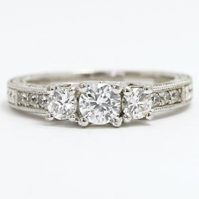 E93696 Three Stone Vintage Style Diamond Engagement Ring 14k White Gold