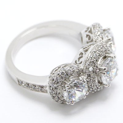 E93700 Three Stone Designed Halo Diamond Engagement Ring 14k White Gold