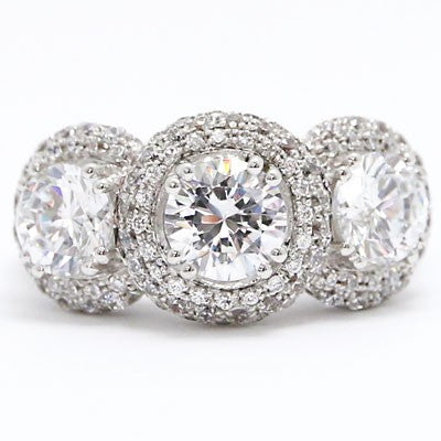E93700 Three Stone Designed Halo Diamond Engagement Ring 14k White Gold