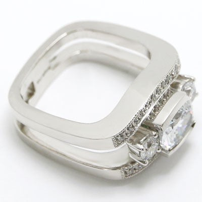 E93881 Three Stone Double Band Milgrained Diamond Engagement Ring 14k White Gold