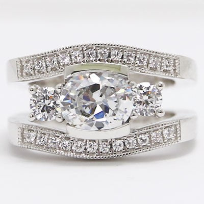 E93881 Three Stone Double Band Milgrained Diamond Engagement Ring 14k White Gold