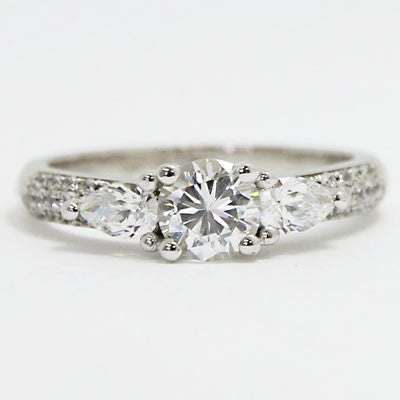 E93923 Three Stone Pave Set Diamond Engagement Ring 14k White Gold