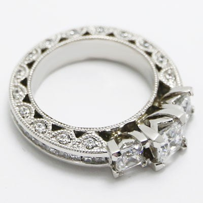 E93991 Venetian Three Stone Designed Cathedral Mix Diamonds Engagement Ring 14k White Gold