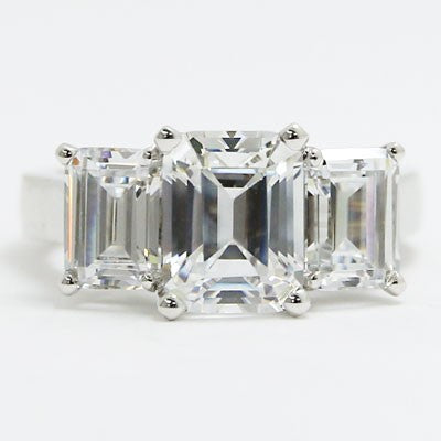 E94009 Three Stone Emerald Cut Diamond Engagement Ring 14k White Gold