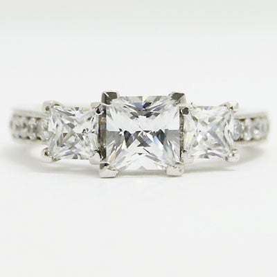 E94011 Three Stone Princess cut Diamond Engagement Ring 14k White Gold