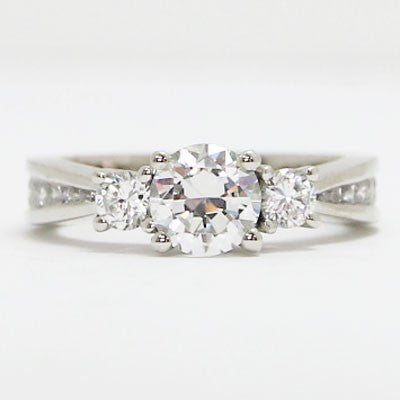 E94110 Three Stone Tapered Channel Set Diamond Engagement Ring 14k White Gold