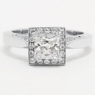 Filigree Crown Design Princess Cut Engagement Ring 14k White Gold