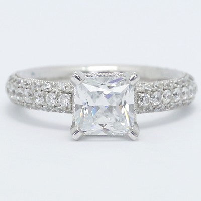 High Cathedral Pave Set Engagement Ring 14k White Gold