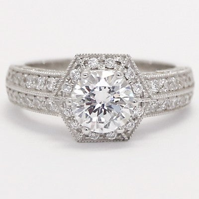 High Raise Hexagonal Cathedral Halo Engagement Ring 14k White Gold
