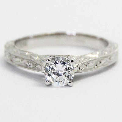 Intricate Hand Engraved Engagement Ring 14k White Gold
