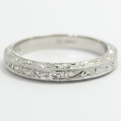 Intricate Hand Engraved Wedding Band 14k White Gold