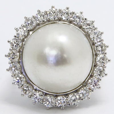 MabePearl-01C Sunflower Mabe Pearl Diamond Anniversary Ring 14k White Gold 