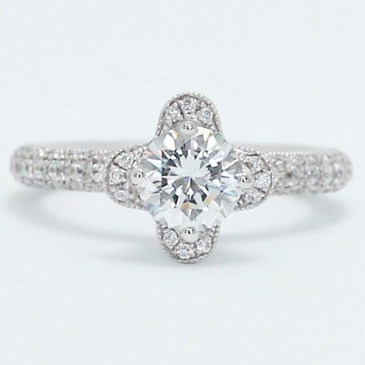 E93612-2  Milgrained Lotus Style Diamond Engagement Ring 14k White Gold