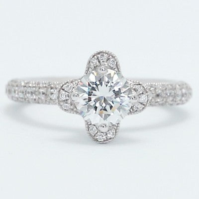 Milgrained Lotus Style Diamond Engagement Ring 14k White Gold