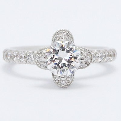 E93612-Milgrained Lotus Style Diamond Engagement Ring 14k White Gold