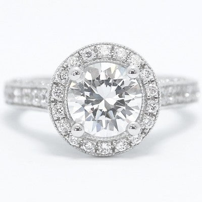 E93641  Milgrained Pave Cathedral Halo Diamond Engagement Ring 14k White Gold