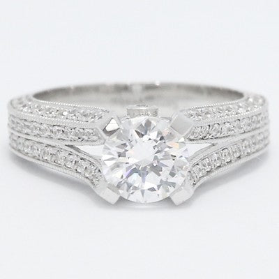 Milgrained Pave Split Band Engagement Ring 14k White Gold