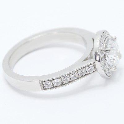 E94019  Milgrained Round Floating Diamonds Halo Engagement Ring 14k White Gold