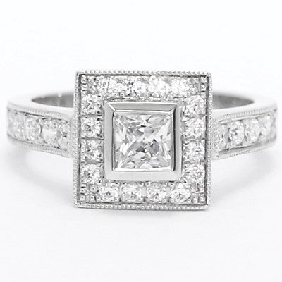 Pave Diamond Ring With Princess Cut Bezel 14k White Gold