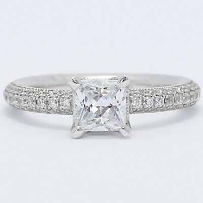 Pave Set Princess Cut Engagement Ring 14k White Gold