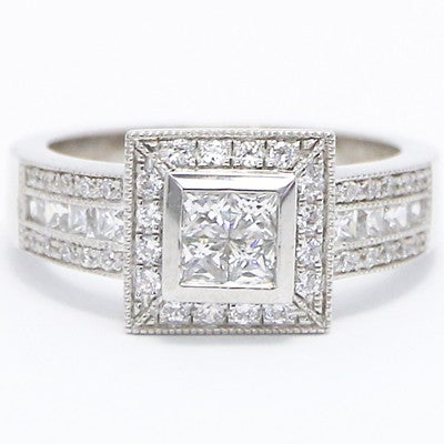 E93947  Rounds And Princess Cut Diamond Engagement Ring 14k White Gold