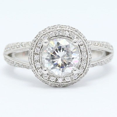 E93647 Split Band Halo Diamond Engagement Ring 14k White Gold